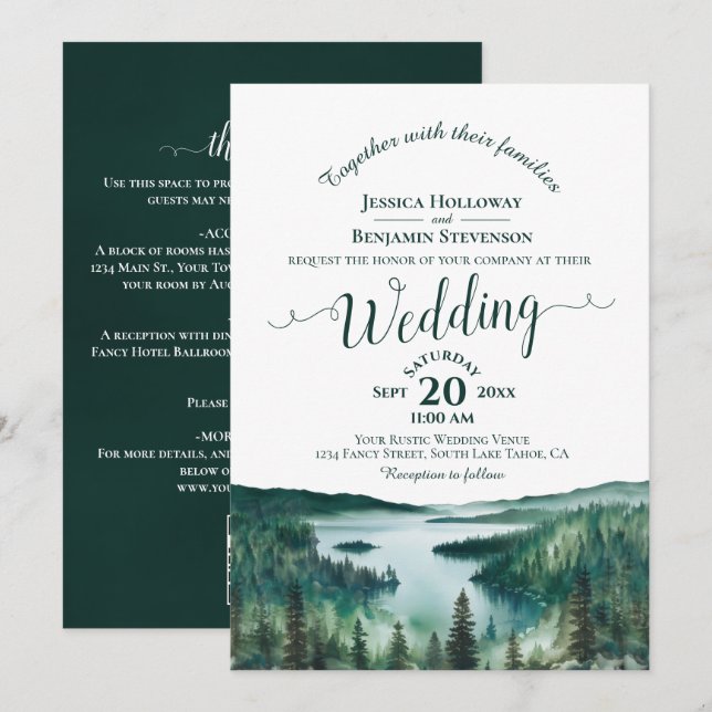 Elegant Calligraphy Lake Tahoe QR Code Wedding Einladung (Vorne/Hinten)