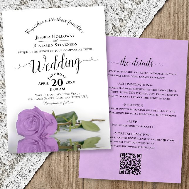 Elegant Calligraphy Lilac Rose QR Code Wedding Einladung (Front/Back)