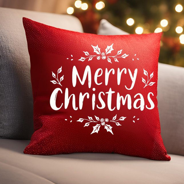 Elegant Calligraphy Merry Christmas Holly Berries Kissen (Von Creator hochgeladen)