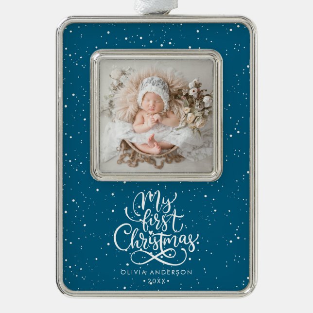 Elegant Calligraphy My First Christmas Photo Rahmen-Ornament Silber (Vorderseite)