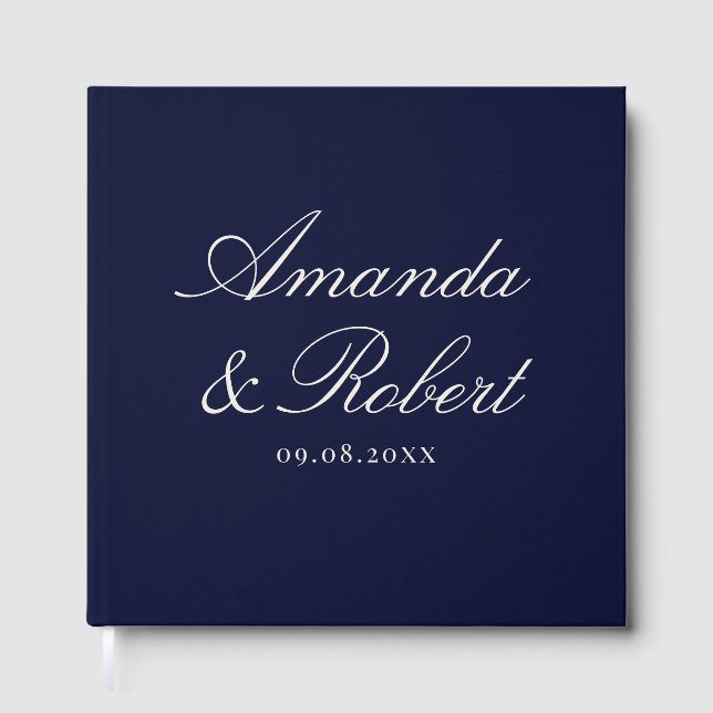 Elegant Calligraphy Navy Blue Wedding Gästebuch (Vorderseite)
