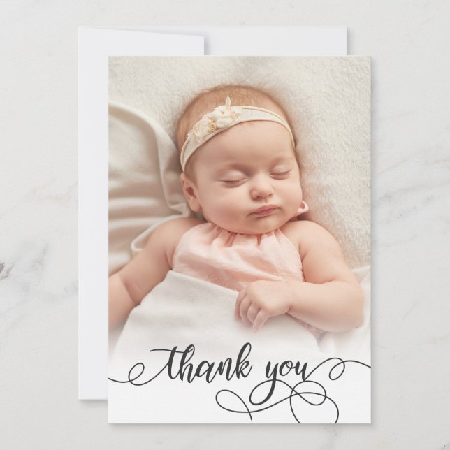 Elegant Calligraphy Newborn Baby Foto Vielen Dank Dankeskarte (Vorderseite)