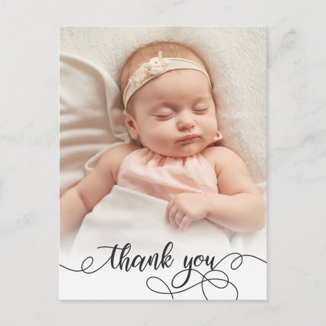 Elegant Calligraphy Newborn Baby Foto Vielen Dank Postkarte (Vorderseite)