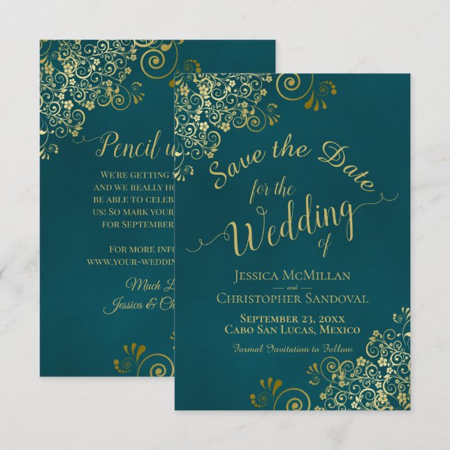 Elegant Calligraphy Ornate Teal and Gold Wedding Save The Date (Vorne/Hinten)