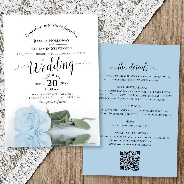 Elegant Calligraphy Pale Blue Rose QR Code Wedding Einladung (front/back)