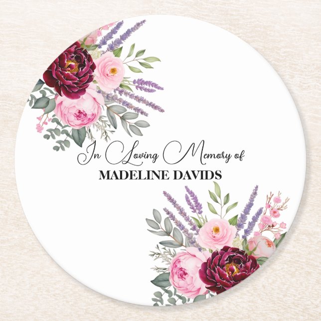 Elegant Calligraphy Peonies Funeral  Runder Pappuntersetzer (Vorderseite)