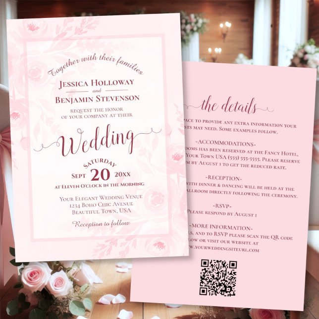 Elegant Calligraphy Pink Peonies QR Code Wedding Einladung (Front/Back)