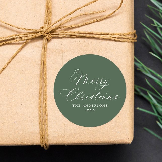 Elegant Calligraphy Sage Green Merry Christmas Runder Aufkleber (Von Creator hochgeladen)