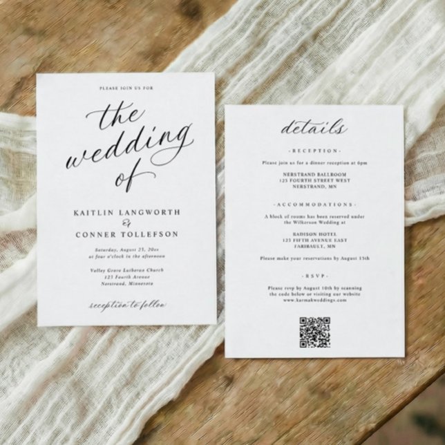 Elegant Calligraphy Script All in One Wedding Einladung (Modern black and white wedding invitations with elegant calligraphy and classic script)