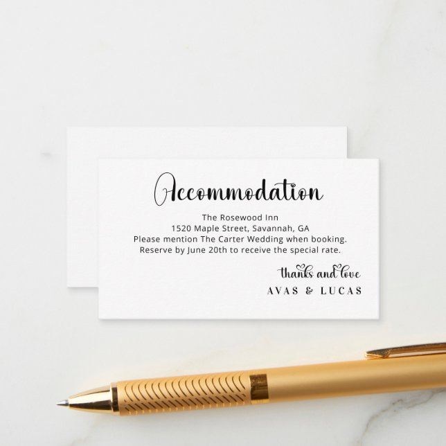 Elegant Calligraphy Script Wedding Accommodations Begleitkarte (Vorderseite/Rückseite Beispiel)