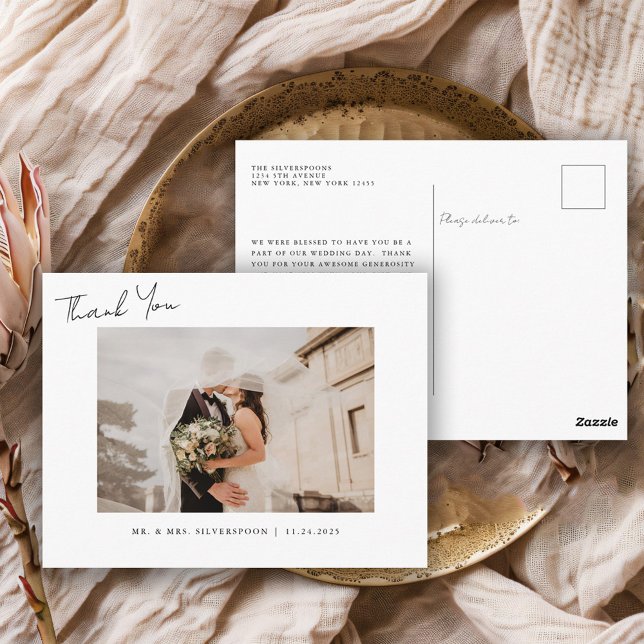 Elegant Calligraphy Script Wedding Foto Thank You Postkarte (Von Creator hochgeladen)