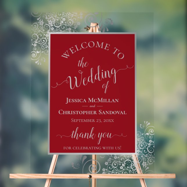 Elegant Calligraphy Silver & Red Wedding Welcome Acrylschild (Neutral)