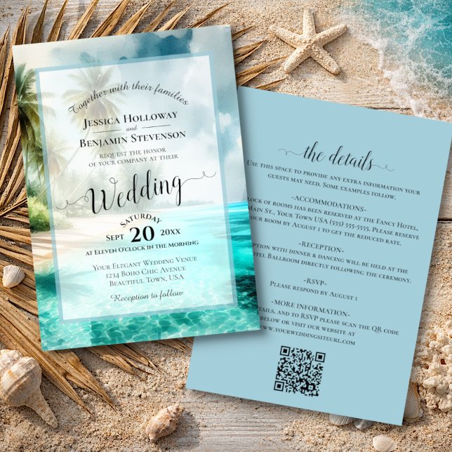 Elegant Calligraphy Tropical Beach QR Code Wedding Einladung (Front/Back)