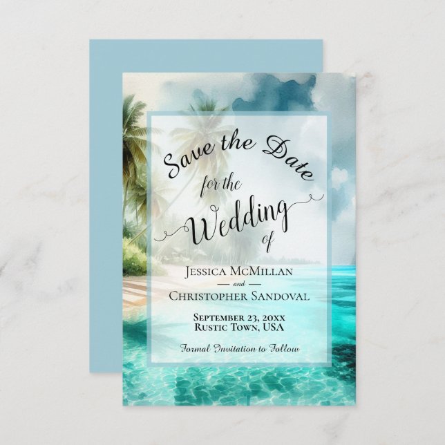 Elegant Calligraphy Tropical Beach Wedding Save The Date (Vorne/Hinten)