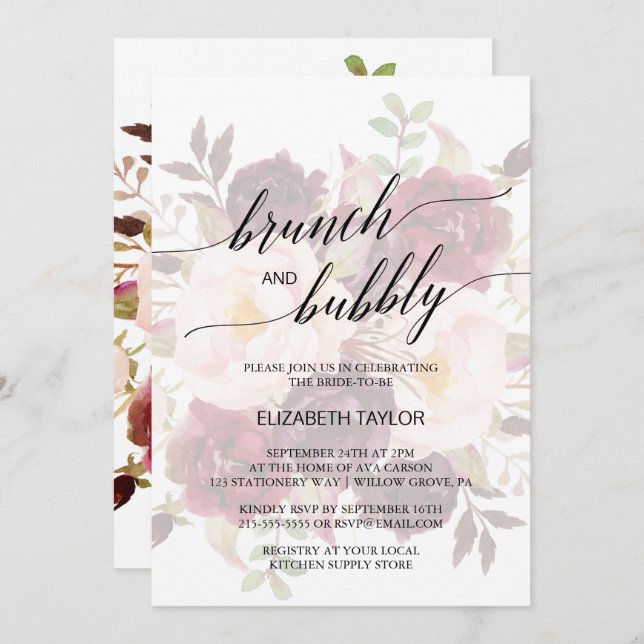 Elegant Calligraphy | Verblasster Brunch & Bubbly Einladung (Vorne/Hinten)