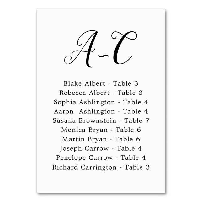 Elegant Calligraphy Wedding Gast by Last Name Tischnummer (Vorderseite)