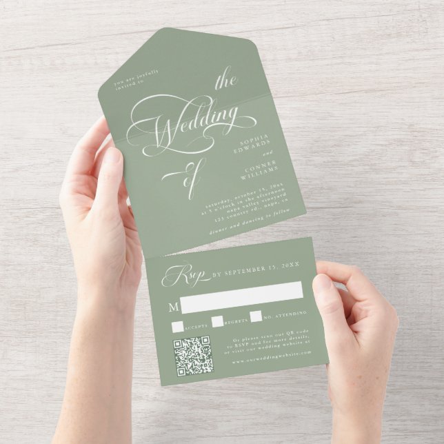 Elegant Calligraphy Wedding Sage Green All In One Einladung (Abreißen)