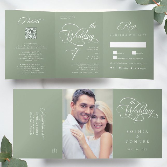 Elegant Calligraphy Wedding Sage Green Dreifach Gefaltete Einladung (Inside & Outside)