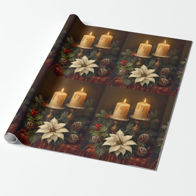 Elegant candle Christmas holly pine warm festive  Geschenkpapier (Ungerollt)