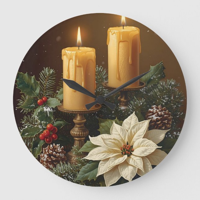 Elegant candle Christmas holly pine warm festive  Große Wanduhr (Vorderseite)