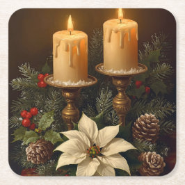 Elegant candle Christmas holly pine warm festive  Rechteckiger Pappuntersetzer