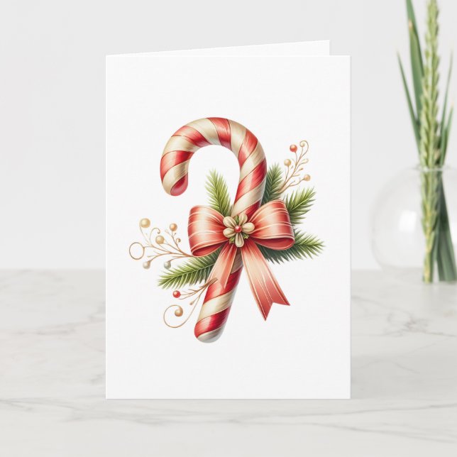Elegant Candy Cane with Red Bow and Pine Sprigs Karte (Vorderseite)