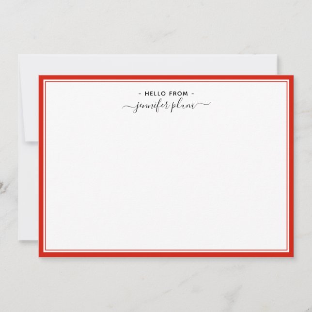 Elegant Candy Red Script 'Hello From' Mitteilungskarte (Vorderseite)
