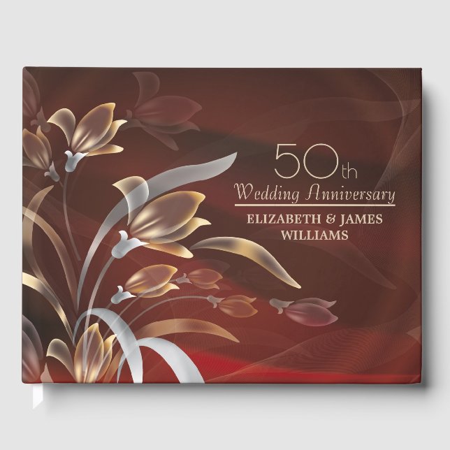 Elegant Caoba | Gold Floral 50 Jahre Gästebuch (Vorderseite)