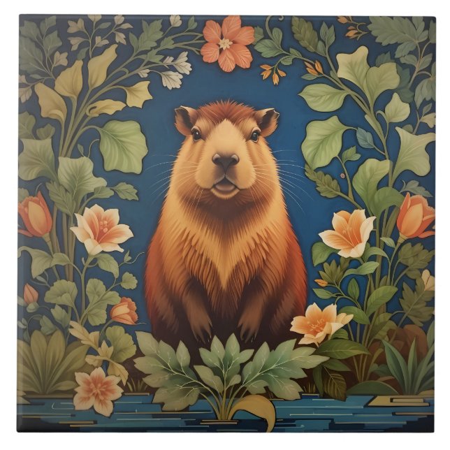 Elegant Capybara William Morris Inspiriert Fliese (Vorderseite)