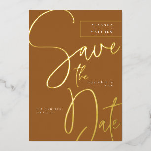 Elegant Caramel Brown Calligraphy Save the Date Folieneinladung