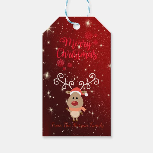 Elegant, Cartoon Rentier, Rot, Glitzern Geschenkanhänger (Vorderseite)