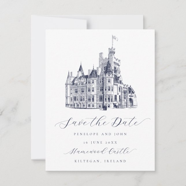 Elegant Castle Illustration Script Wedding Save The Date (Vorderseite)