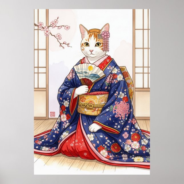 Elegant Cat in Traditional Japanese Kimono Cute Poster (Vorne)