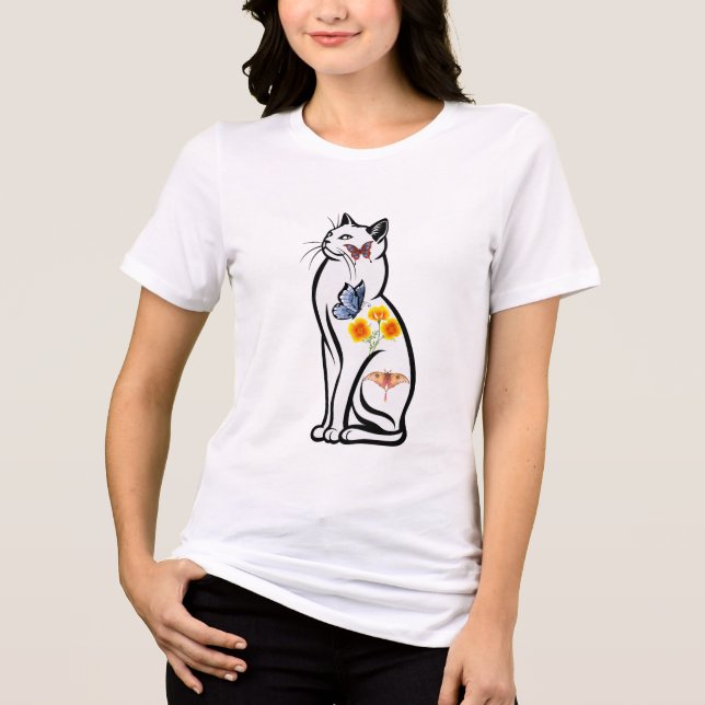 Elegant Cat Outline with Butterflies and Flower Tri-Blend Shirt (Vorderseite)