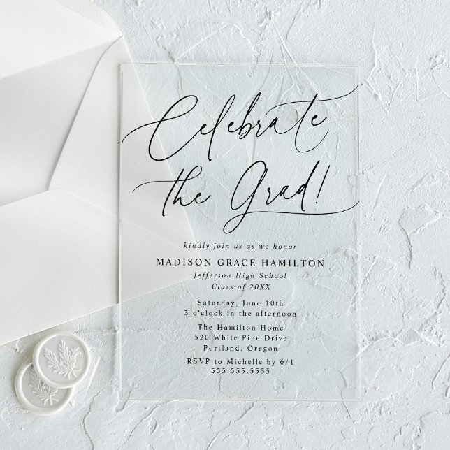 Elegant Celebrate the Grad Black Script Abschluss Acryleinladungen (Von Creator hochgeladen)