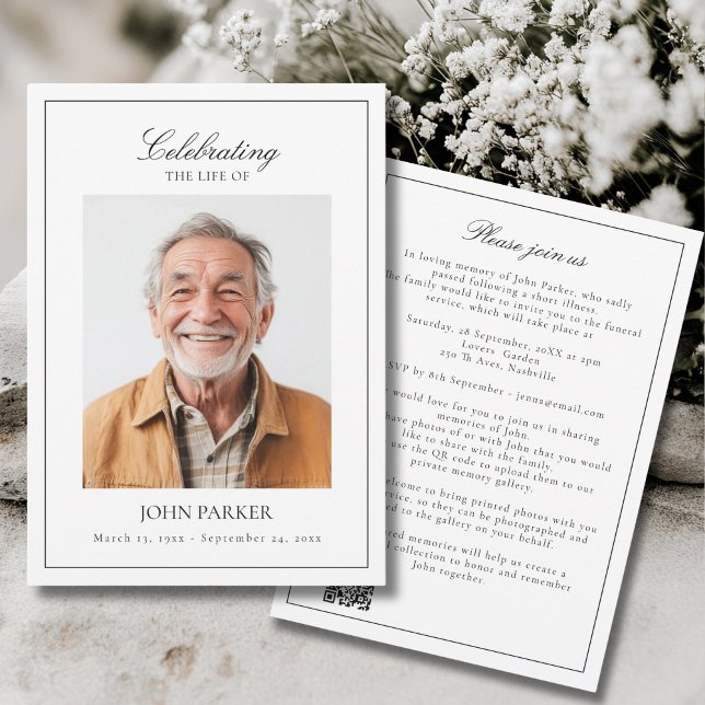 Elegant Celebration of Life Funeral Photo QR Code Einladung (Elegant Celebration of Life Funeral Photo QR Code Invitation)