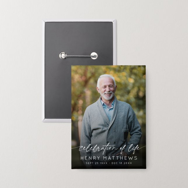 Elegant Celebration of Life Script Photo Funeral  Button (Vorderseite/Rückseite)