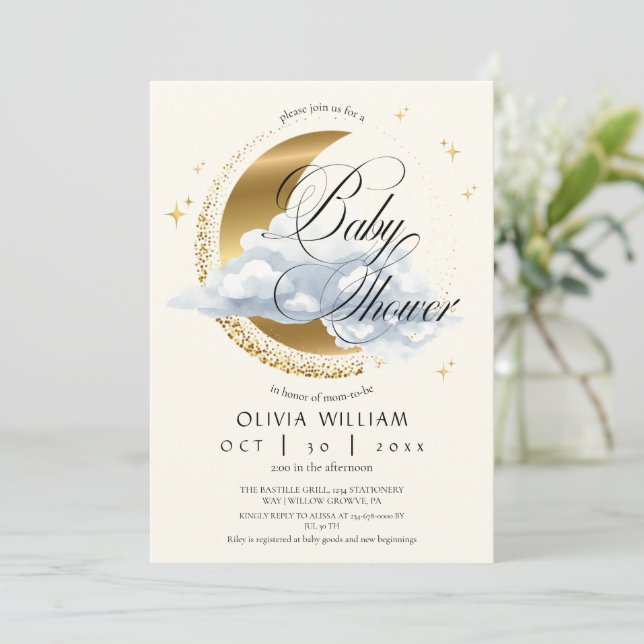 Elegant Celestial Beige Script Baby Shower  Einladung (Stehend Vorderseite)