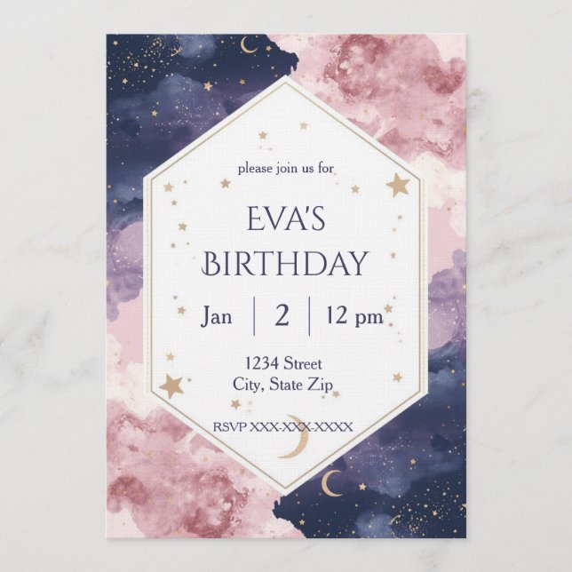 Elegant Celestial Birthday Invitation – Watercolor Einladung (Vorderseite)