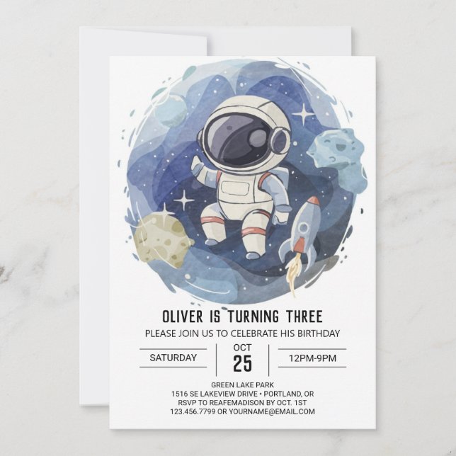 Elegant Celestial Editable Astronaut Boy Birthday Einladung (Vorderseite)