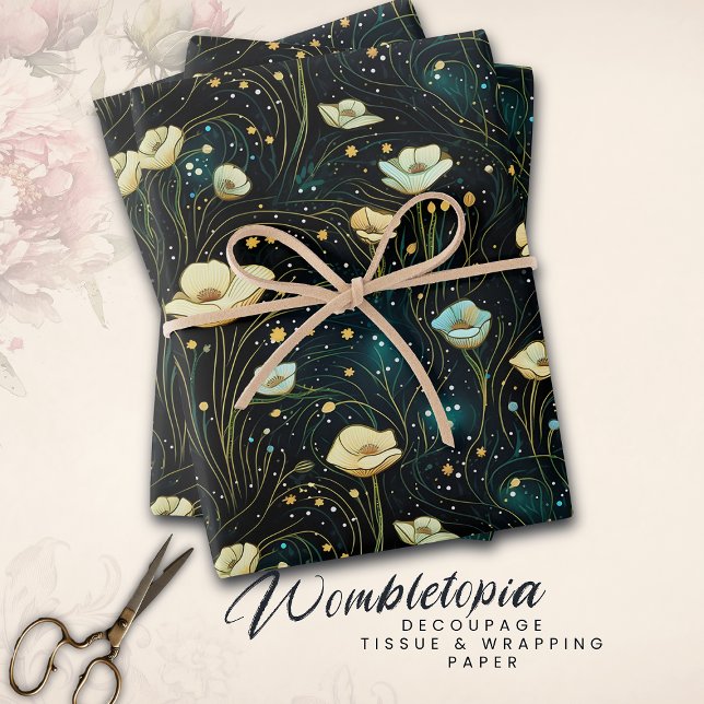 Elegant Celestial Floral Midnight Blue & Gold Geschenkpapier Set (Von Creator hochgeladen)