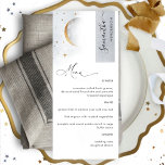 Elegant Celestial Moon Stars, Menü mit Gast Name Menükarte<br><div class="desc">Warum verbringen Sie in Platzkarten und Menükarten, wenn Sie ein elegantes All-in-One-Menü personalisiert mit jedem Gast-Namen haben! Modernes, einfaches und elegantes Design mit schöner moderner handgeschriebener Kalligraphie. Schöner Himmel in Aquarellfarbe, mit Sternen und Mond. Menütext in schwarz, Streifen oben rechts in Imitaten silberne Folie mit Gästebame in schwarz. Sterne und...</div>