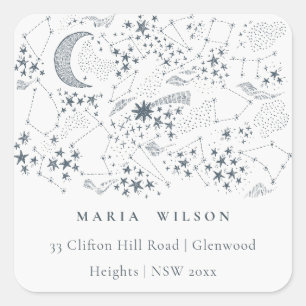 Elegant Celestial Navy Starry Night Moon Adresse Quadratischer Aufkleber