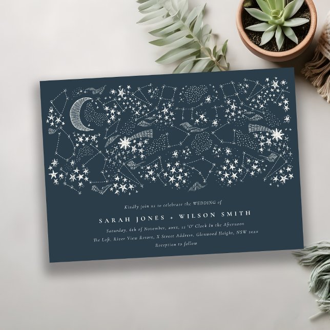 Elegant Celestial Navy Starry Night Moon Wedding Einladung (Von Creator hochgeladen)