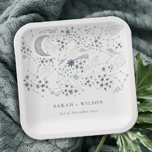 Elegant Celestial Navy Starry Night Moon Wedding Pappteller