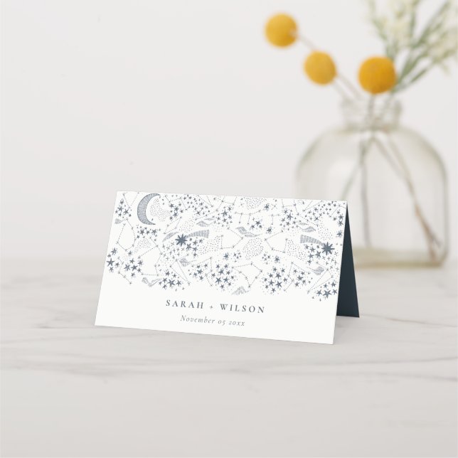 Elegant Celestial Navy Starry Night Moon Wedding Platzkarte (Vorderseite)