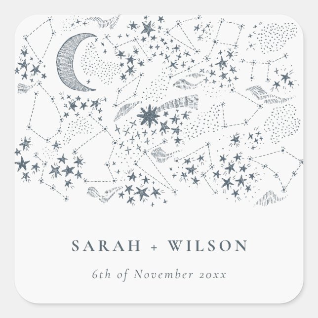 Elegant Celestial Navy Starry Night Moon Wedding Quadratischer Aufkleber (Vorderseite)