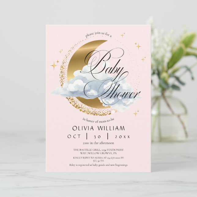 Elegant Celestial Pink Script Baby Shower  Einladung (Stehend Vorderseite)