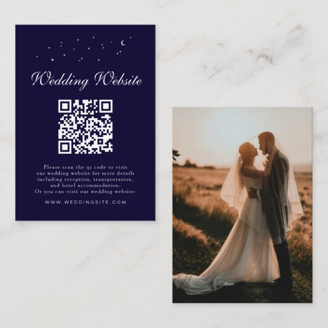 Elegant Celestial QR Code Blue Wedding Details Begleitkarte (Vorne/Hinten)