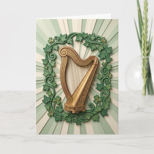 Elegant Celtic Harp Shamrock St Patricks Day Karte (Vorderseite)